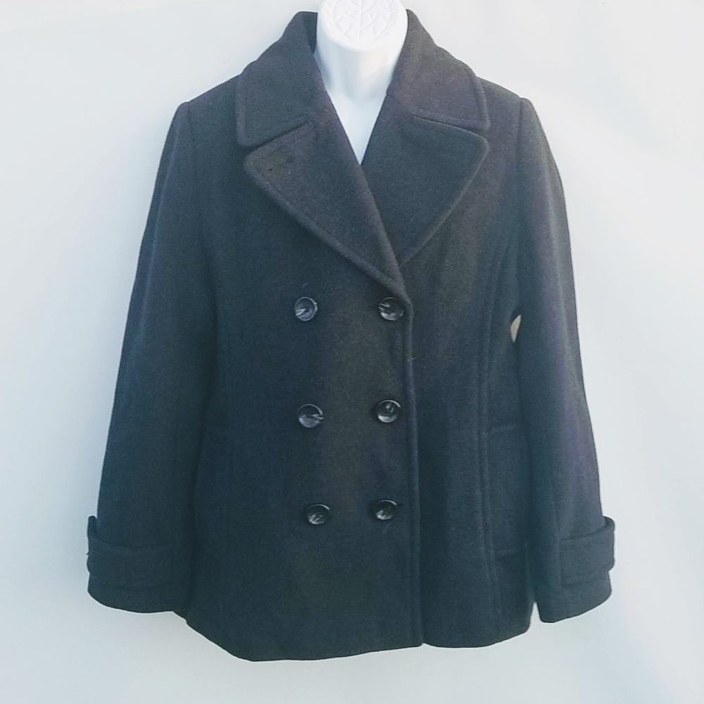 Lands End Women's Pea Coat  Black Wool Blend sz 14